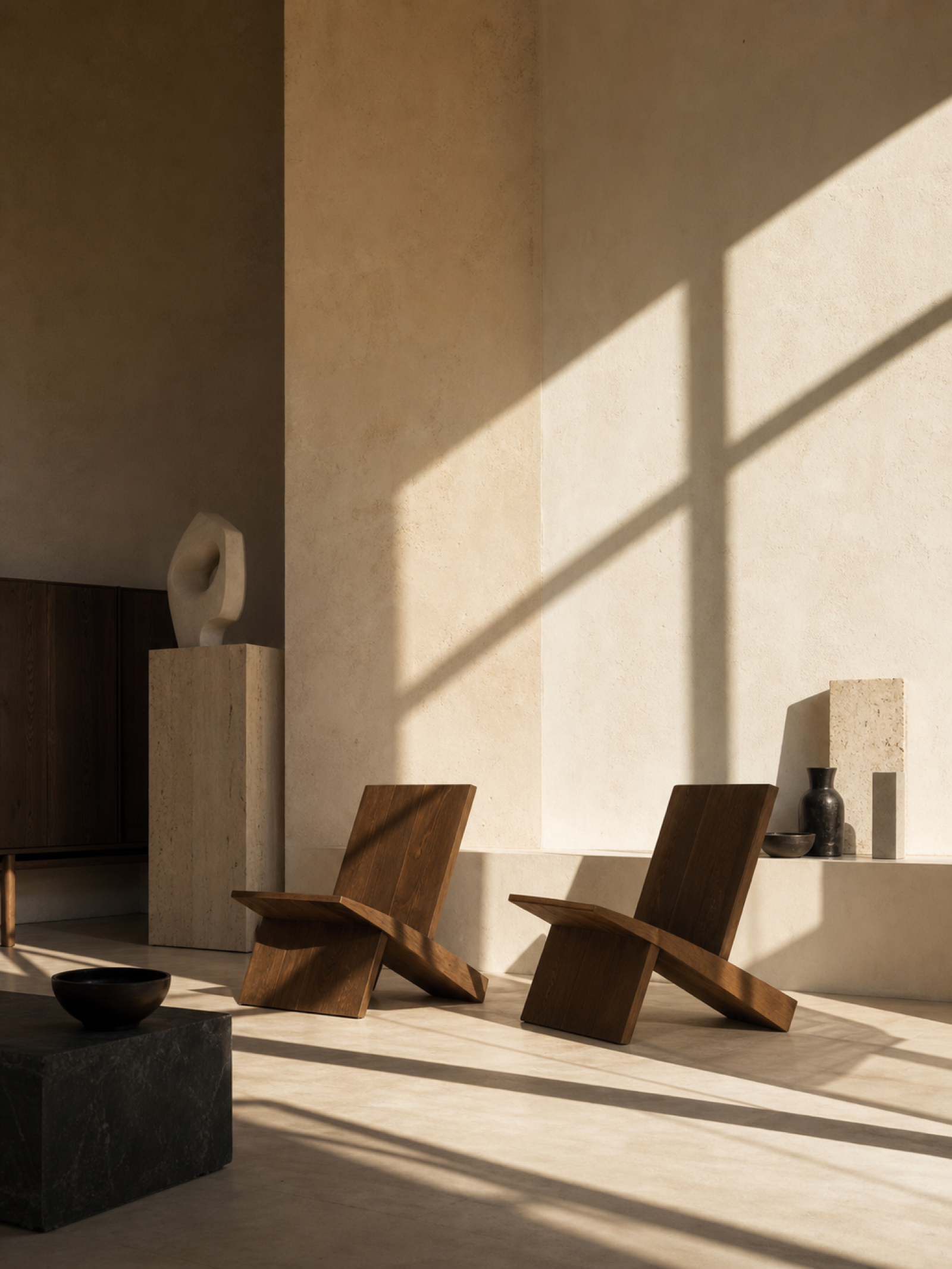 Sunlit creative studio interior with two empty chairs and long geometric window shadows